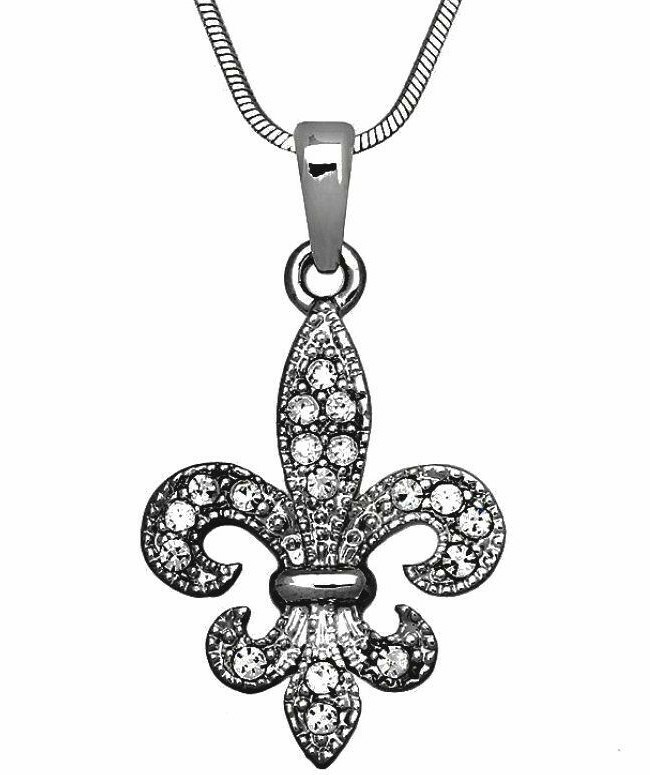 Silver Tone Fleur De Lis Pandant Necklace Clear Crystal & Gift Box