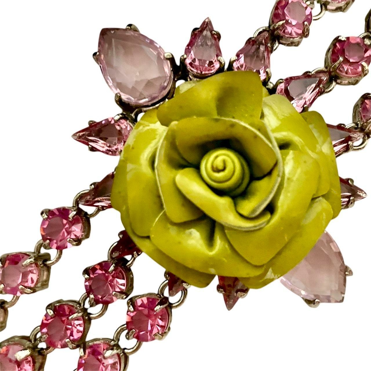 Prada S/S 2012 Green Patent Leather Rose Pink Rhinestone Bracelet & Earrings Set