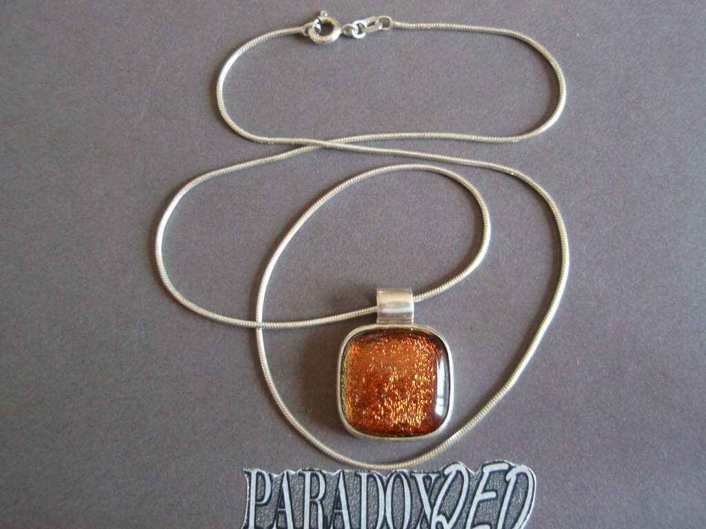 Sterling Silver 925 Brown Gold Dichroic Glass Pendant Snake Chain Necklace FAS