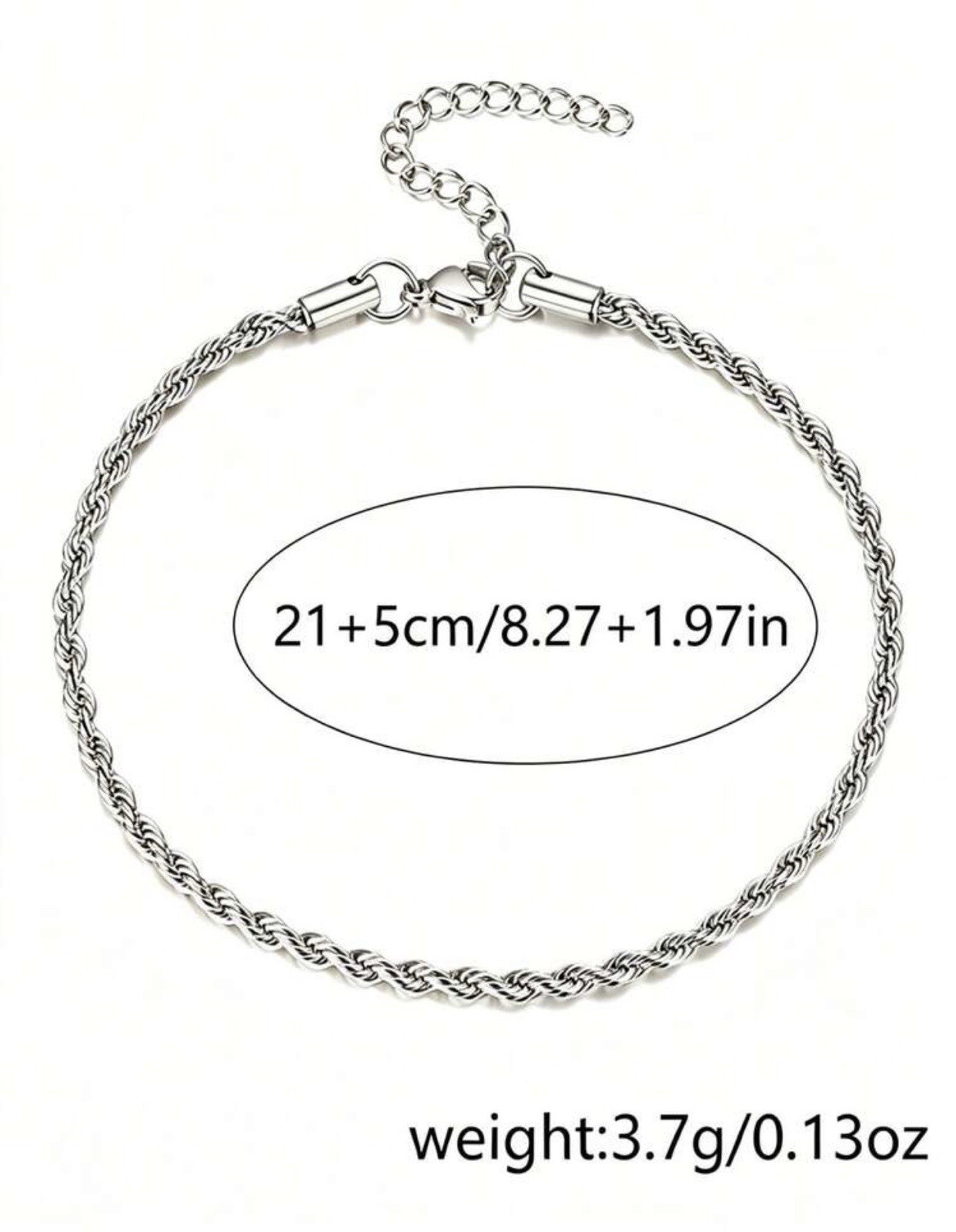 1pc Silver Twister Rope 304 Stainless Steel Anklet Non- Fading Adjustable