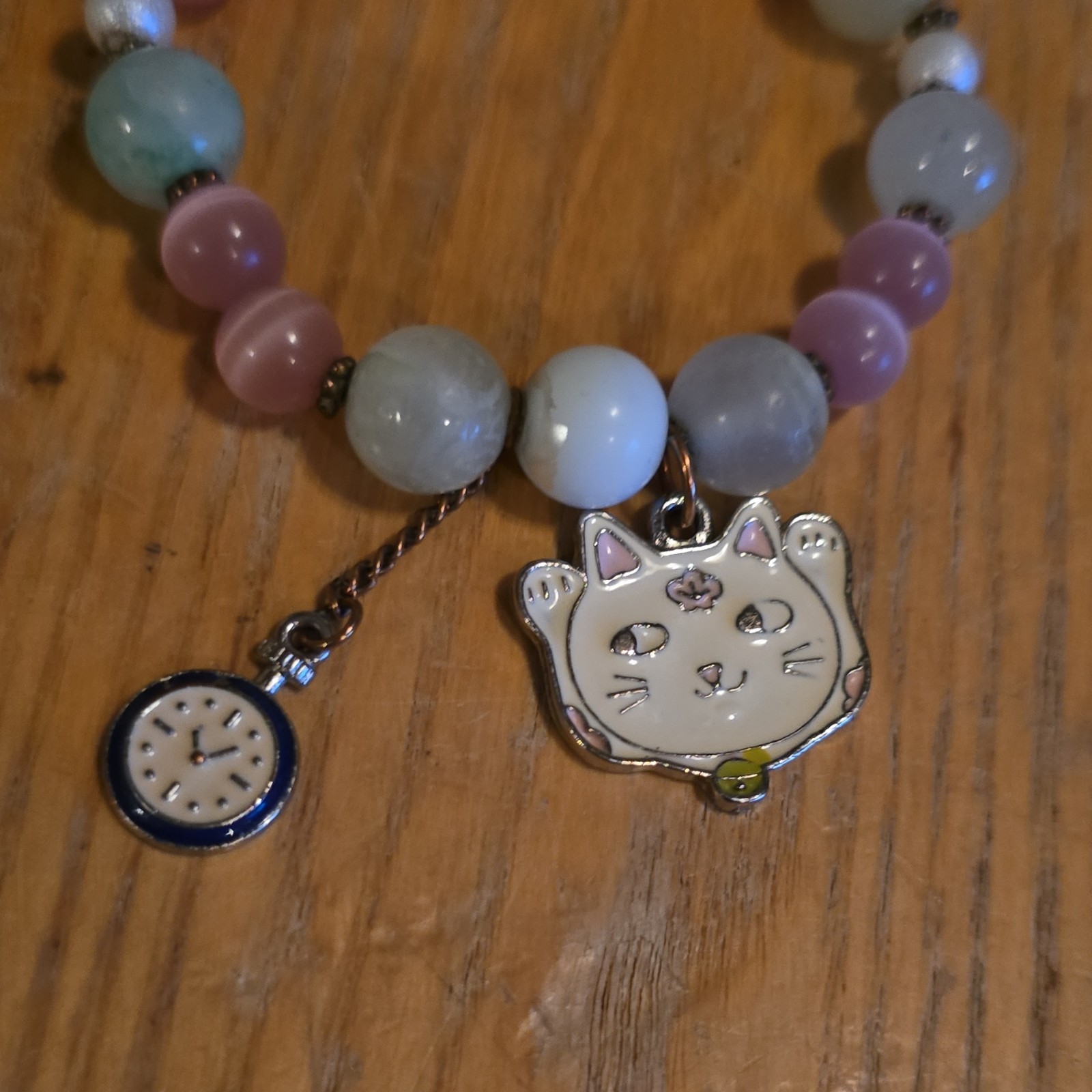 Signed Multicolor Beaded Charm Bracelet Pink & Blue Beads Cat Face Clock Dangle