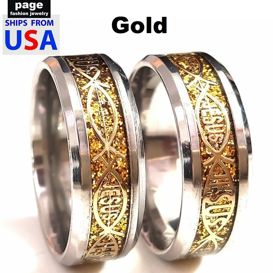 1pc Jesus Fish Christian Men/Women Stainless Steel 8mm Band Ring Size 7-11.5