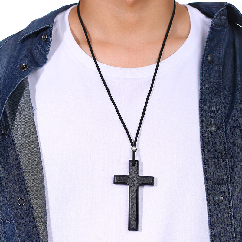 Retro Wood Cross Crucifix Leather Cord Pendant Men Women Necklace Sweather Chain
