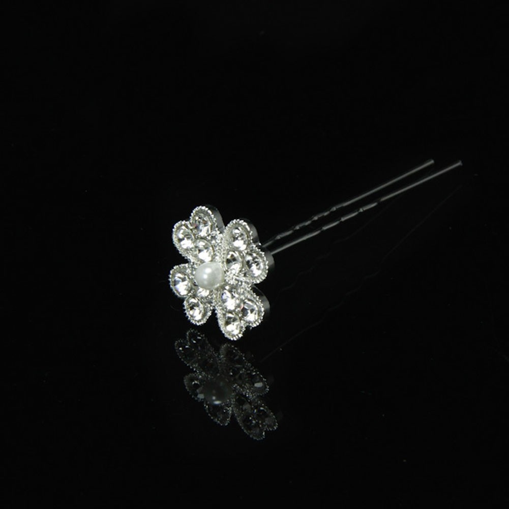 One Silver Rhinestone Flower with Mini Pearl Center Bridal Hair Pin