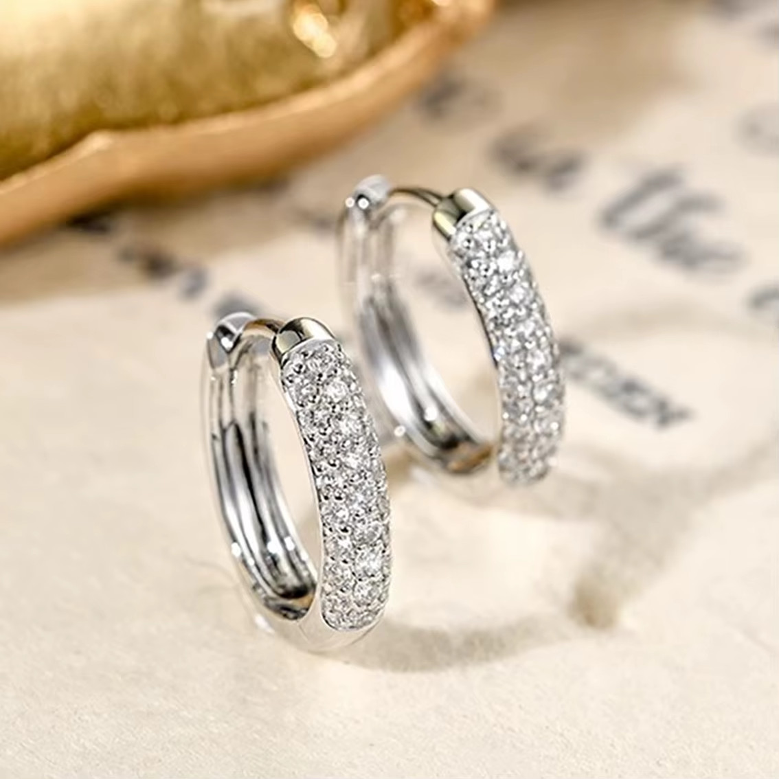 PAIR Elegant Paved Full Imitated Moissanite Circle Silver Plated CZ Hoop Earring