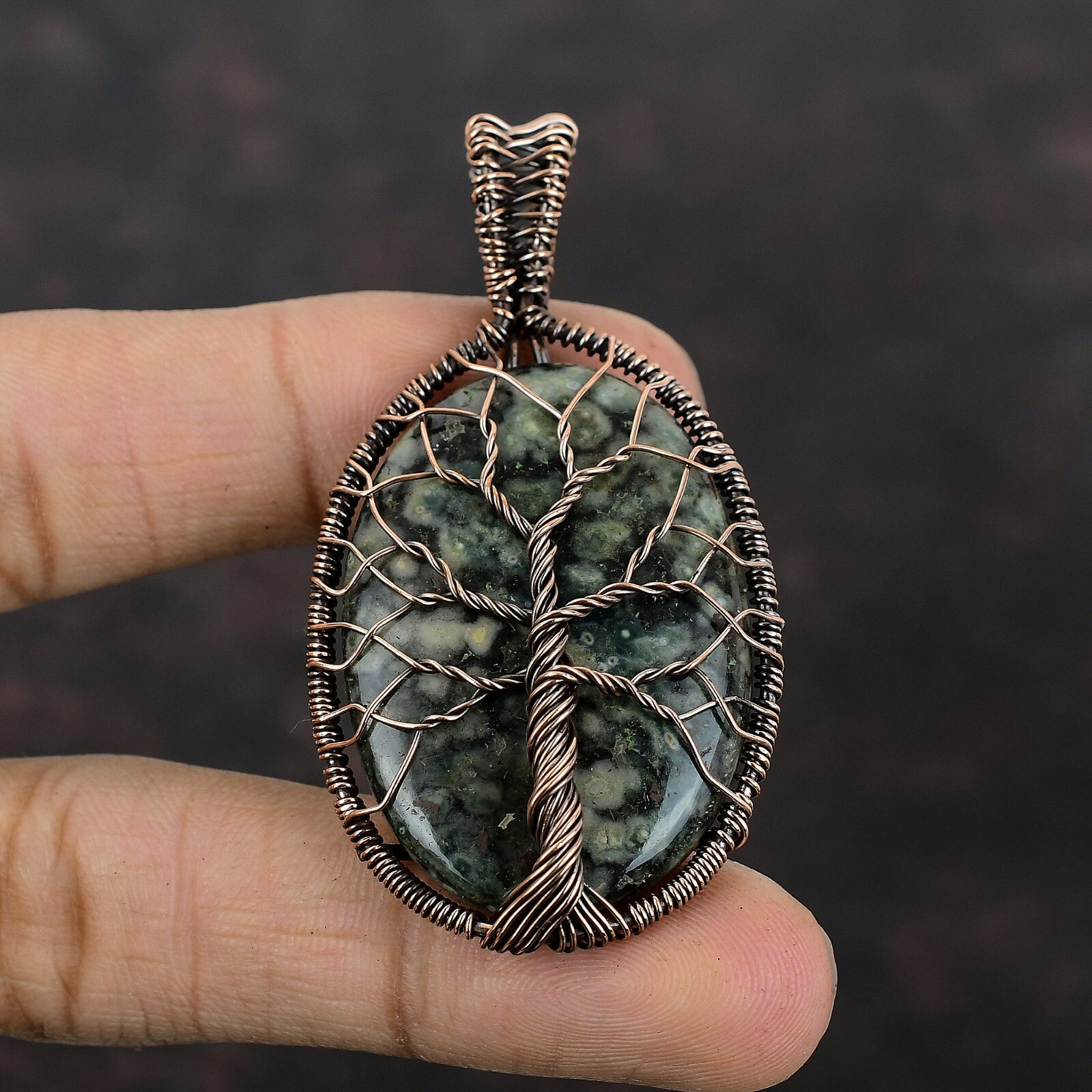 Ocean Jasper Jewelry Copper Gift For Mom Wire Wrapped Tree Of Life Pendant 2.56″
