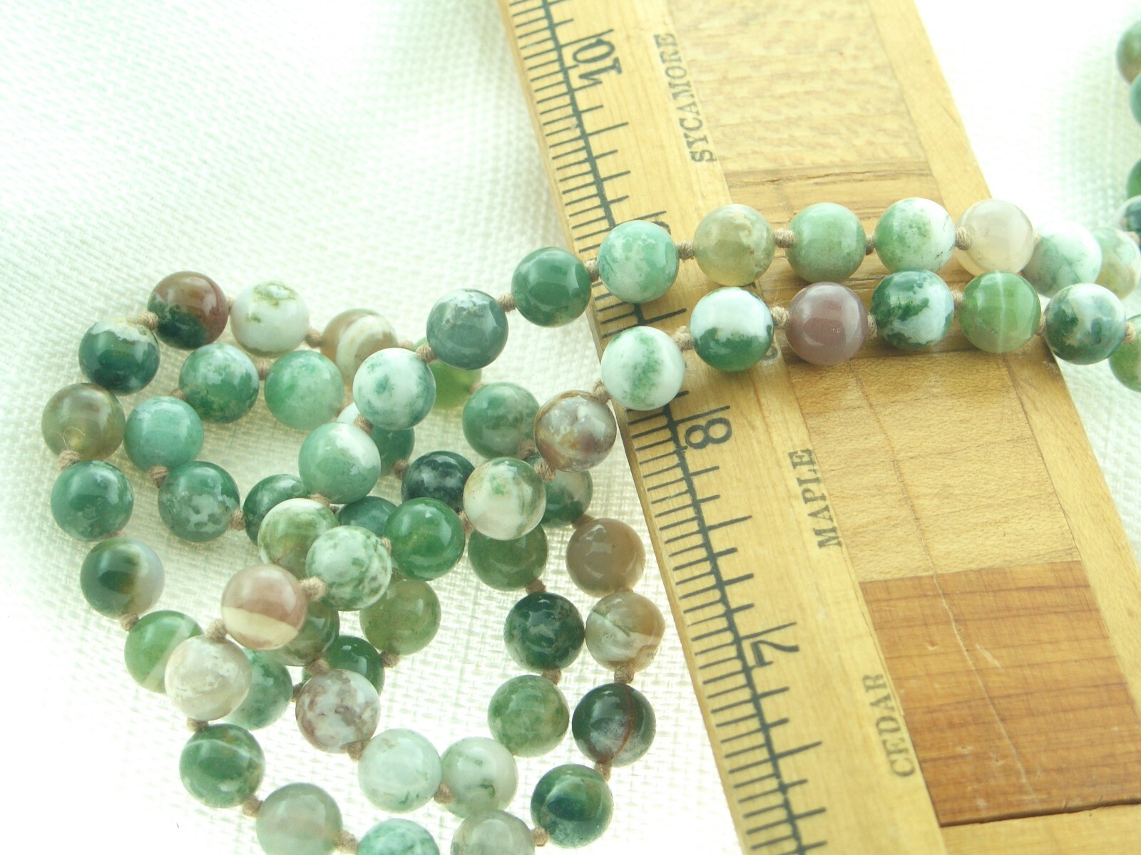 Vintage 8.5mm moss agate natural ball bead necklace strand overhead 30″ EX