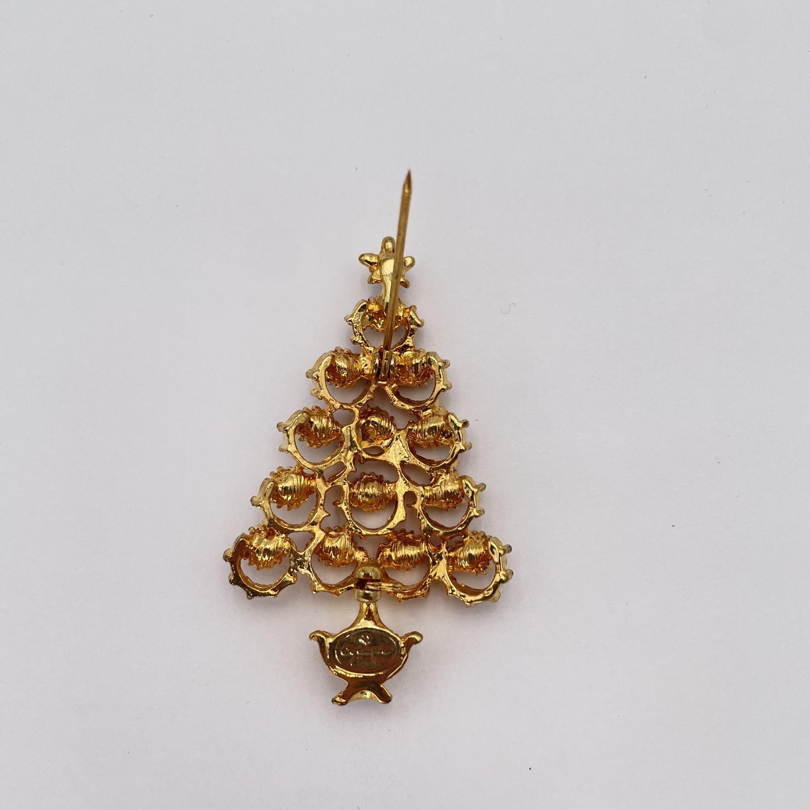 Christopher Radko Christmas Tree Brooch Pin Gold Tone Red Green Clear Rhinestone