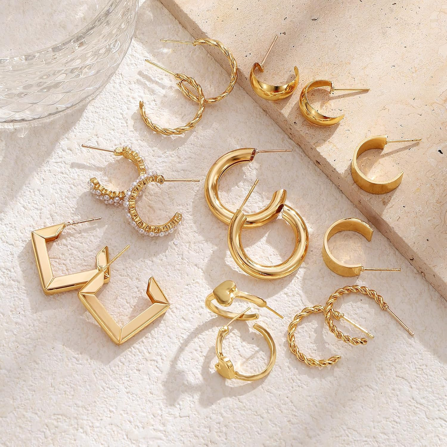 16-24 Pairs Gold Silver Black Earring Set for Women, Chunky Earring Multipack Pu