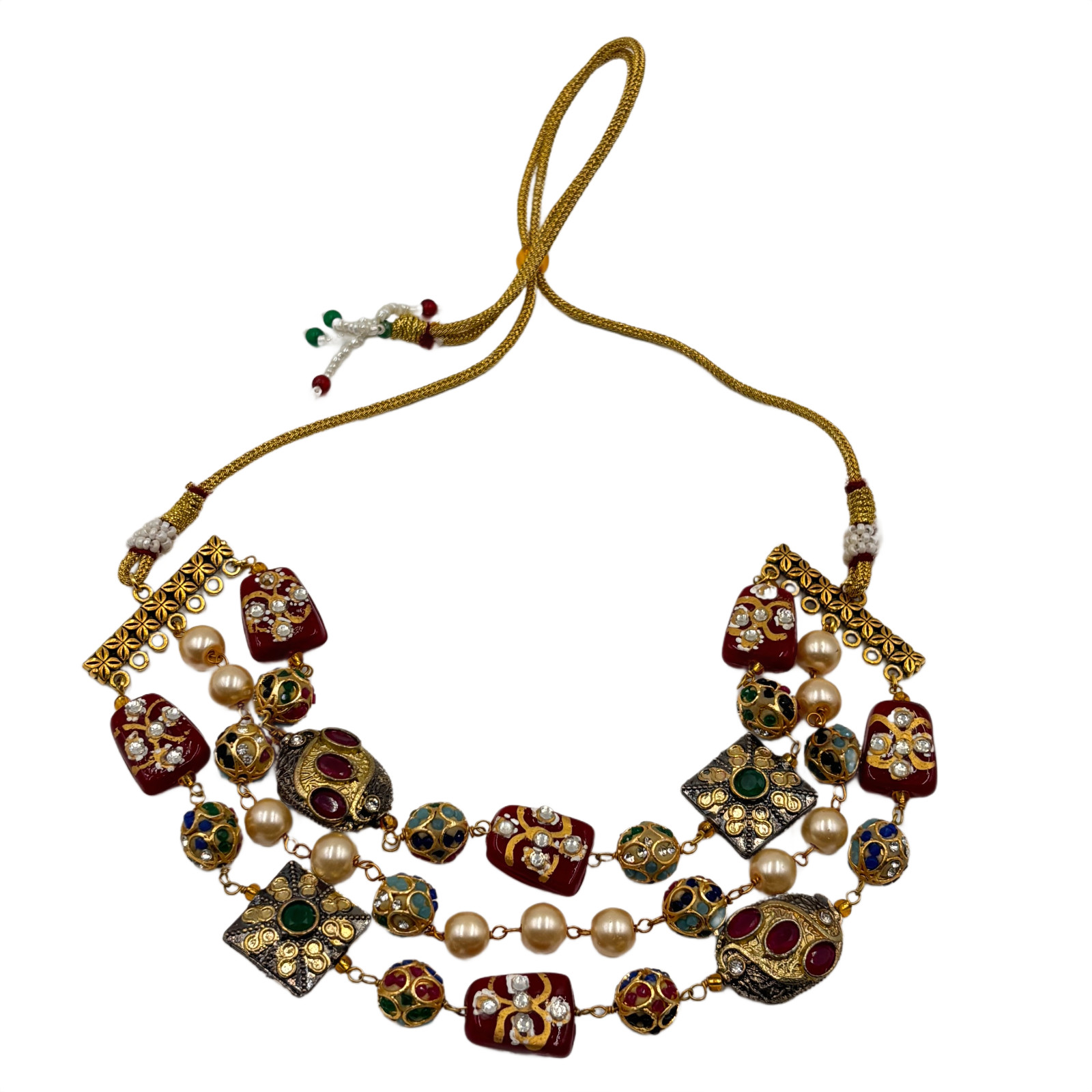 Gold Tone Multicolor Beaded Necklace Set Indian Ethnic Kundan Style Jewelry
