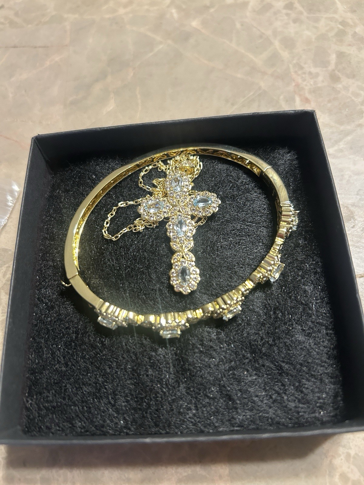 Gold Tone Hinged Bangle Bracelet w/ Round Clear Stones, Prong Set Metal