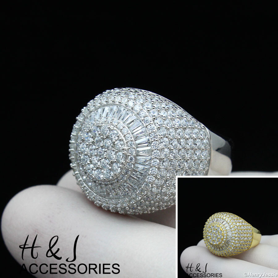 MEN 925 STERLING SILVER ICY BLING CZ GOLD PLATED/SILVER 3D ROUND RING*ASR176
