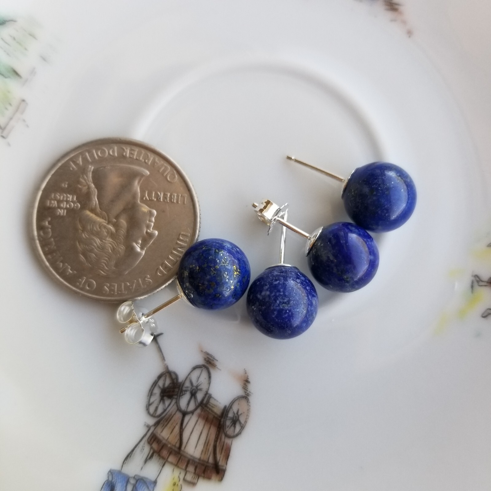 Solid 925 Sterling Sliver Natural Blue Lapis 10mm Round Ball Stud Earrings