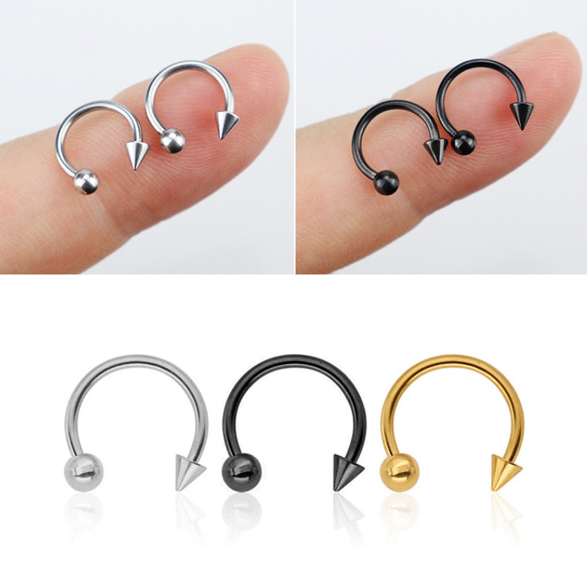 2Pcs Stainless Steel Piercing Earrings Mouth Barbells Horseshoe Rings Spike S9