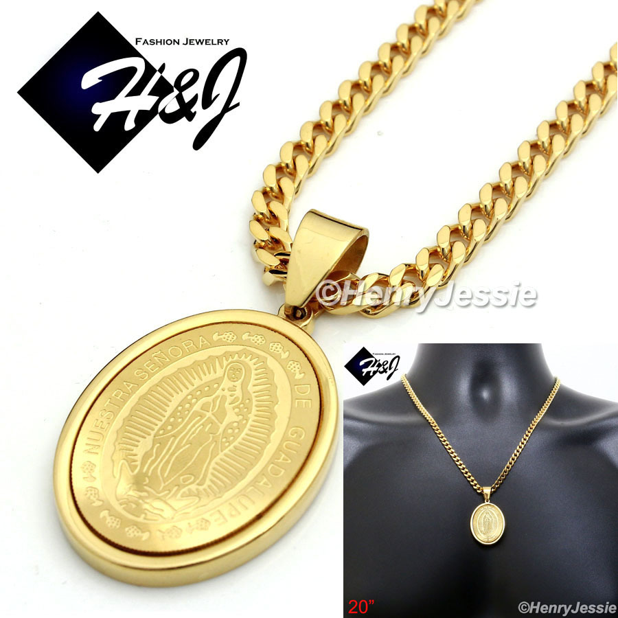 20″Stainless Steel 5mm Gold Plated Cuban Curb Necklace VIRGIN MARY Pendant*GP26