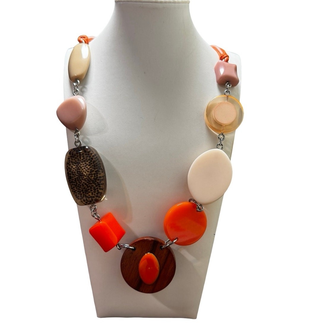 Chico’s Chunky Statement Necklace Multi-Strand Cord Wood Acrylic Geometric