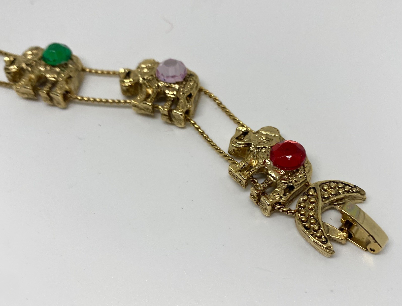 Vintage Gold-Toned Slide Bracelet with Elephants & Rhinestones