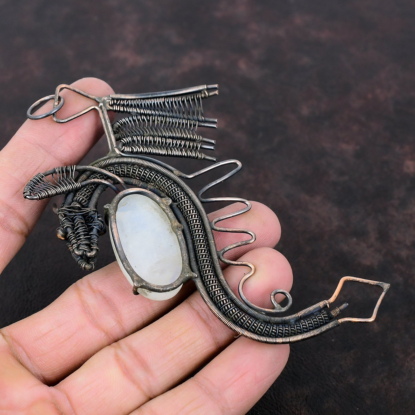 Oval Rainbow Moonstone Gemstone Wife Wire Wrapped Dragon Pendant Jewelry Copper