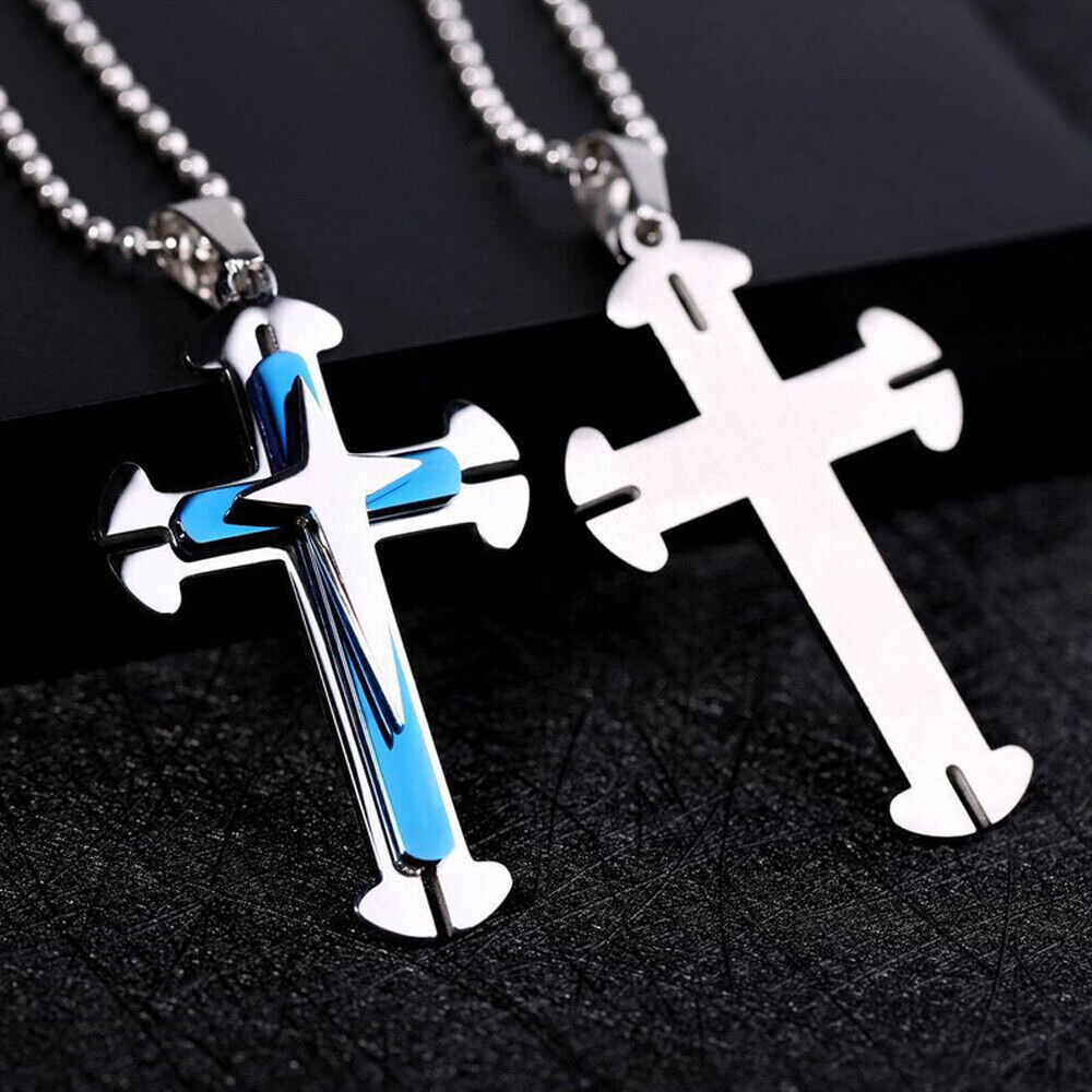 Vintage Cross Pendant Necklace BLUE & Gold Stainless Steel Alloy Unisex Crucifix