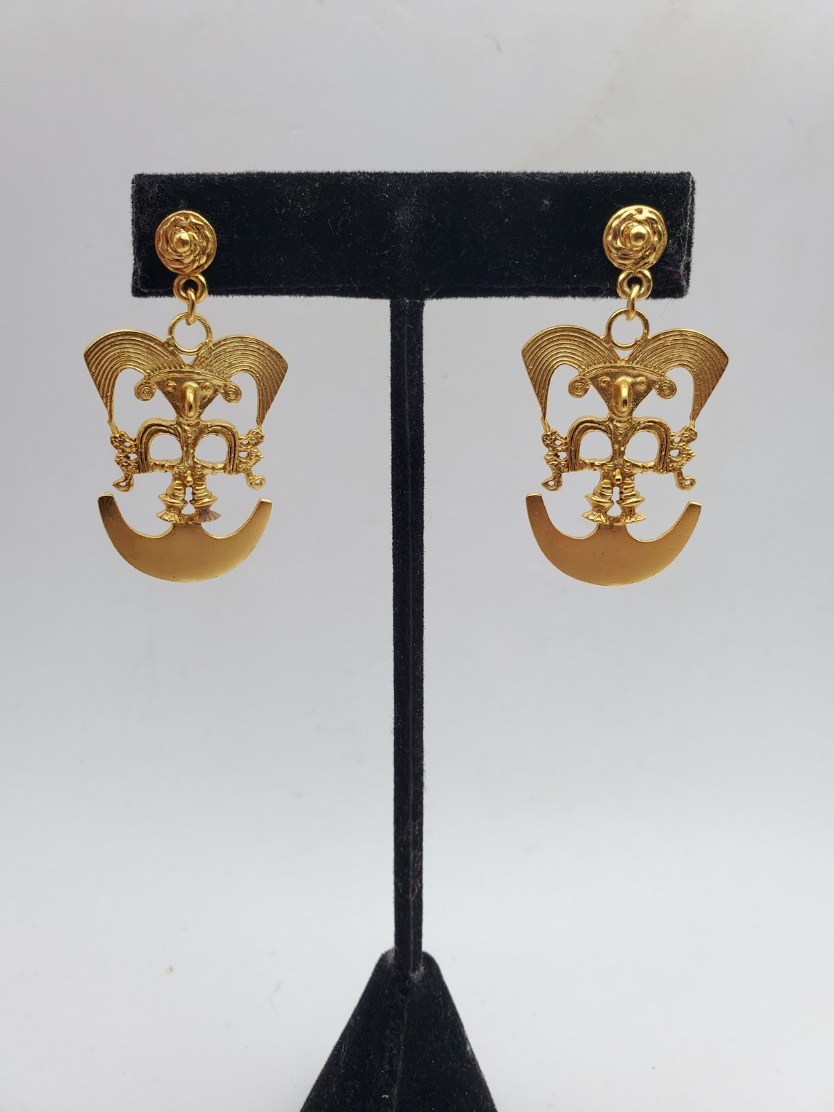 Vintsge Gold Plated Pre-Columbian Bird Shaman Dangle Pierced Earrings 1.75″
