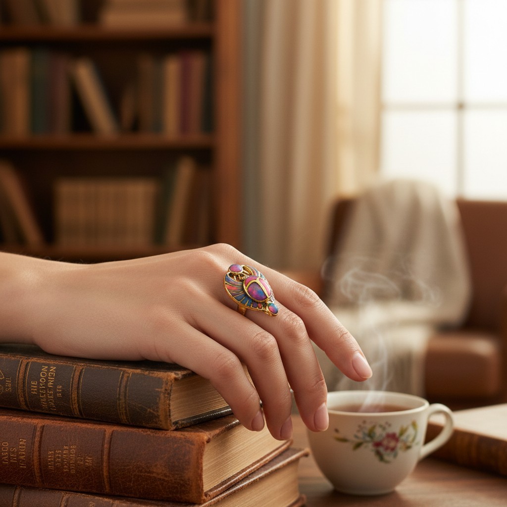 Opal Pinky Gold Scarab Ring, Egyptian Talisman, Adjustable Ring