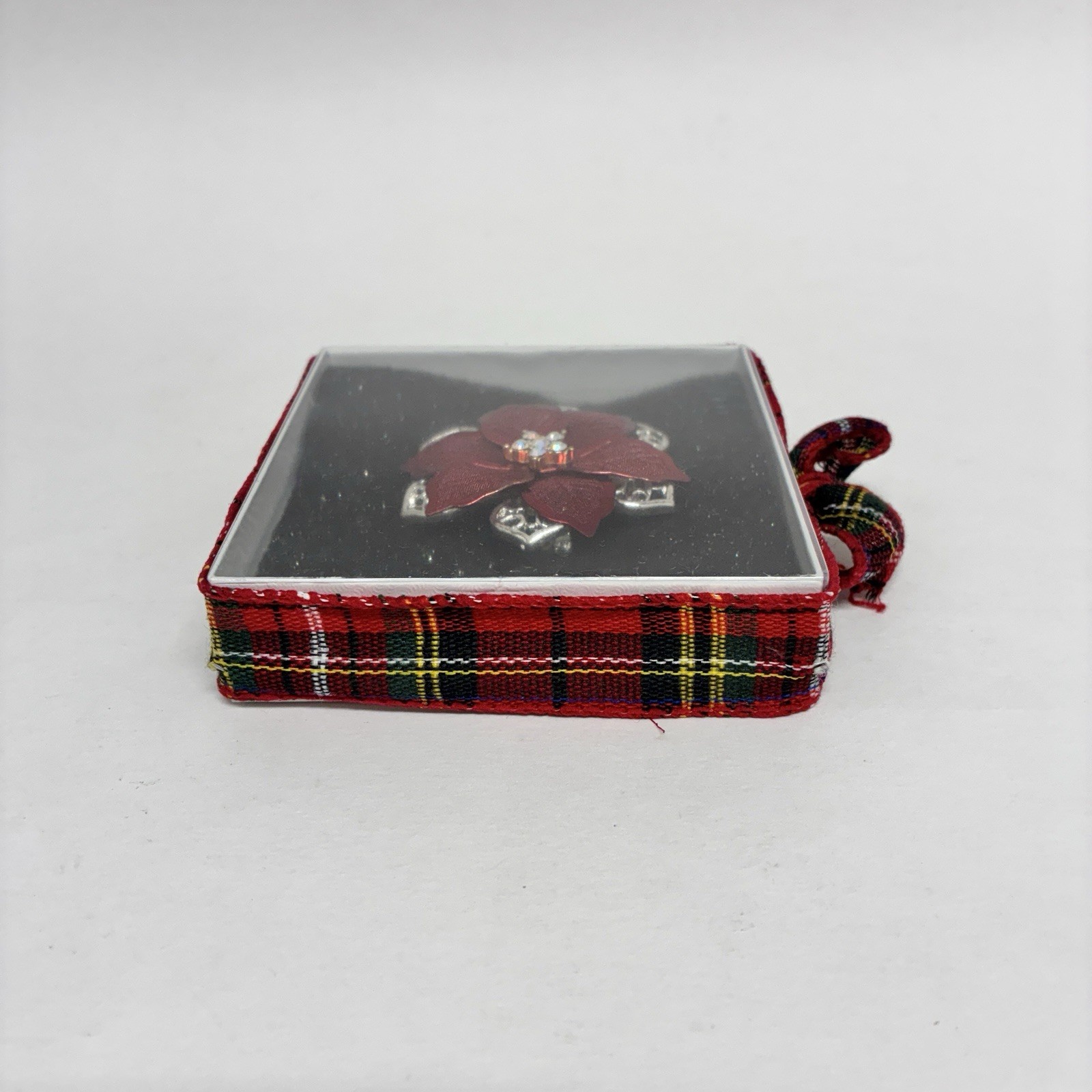 Poinsettia Mesh Metal Brooch Pin, Enamel Red Silver Christmas Flower, 2-1/8 in