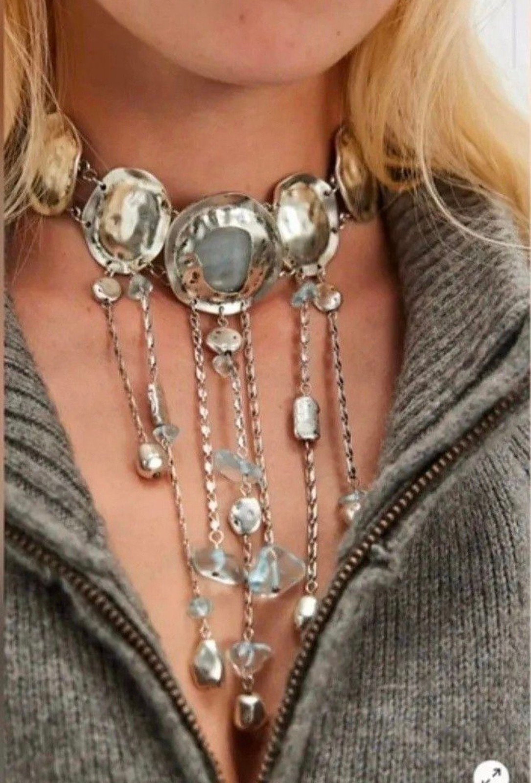 Free People Sea Glass Fringe Hammered Silver Statement Necklace