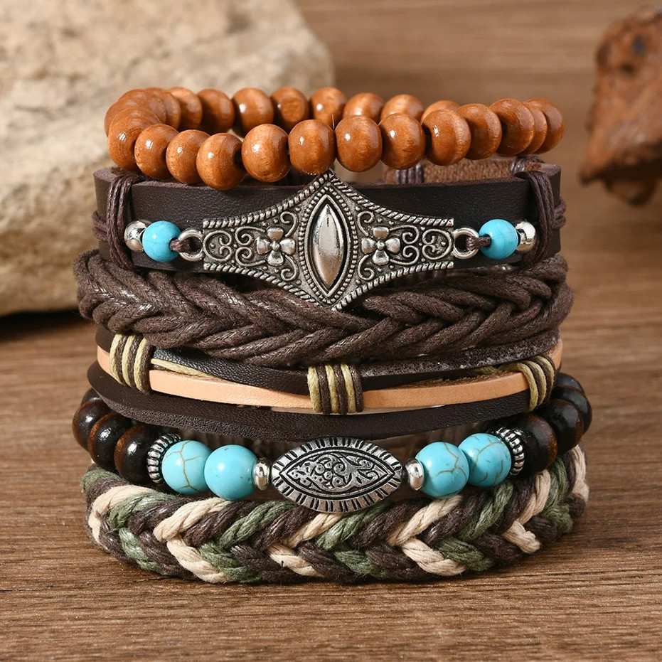 5-6pcs Bohemian Evil Eye & Feather Charm Bracelets Set – Adjustable Ethnic Jewel