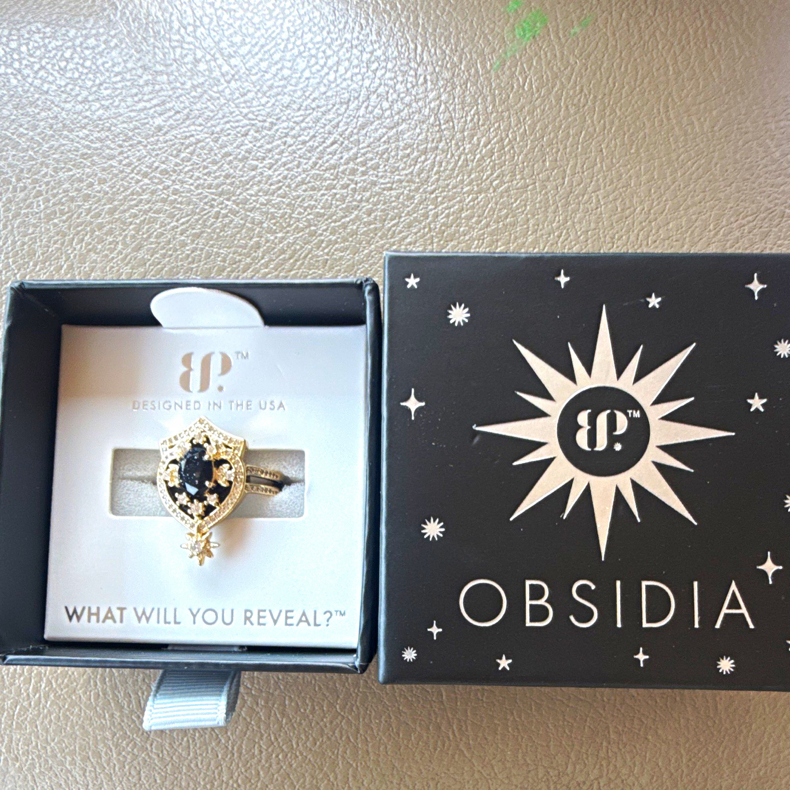 BP Gold Plated Obsidian & CZ Shield Cocktail Ring Size 7, Black Oval Stone