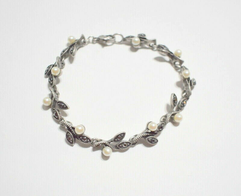 Bracelet Link Metal Pearl Black Faceted Stones Leaves Lobster Hook