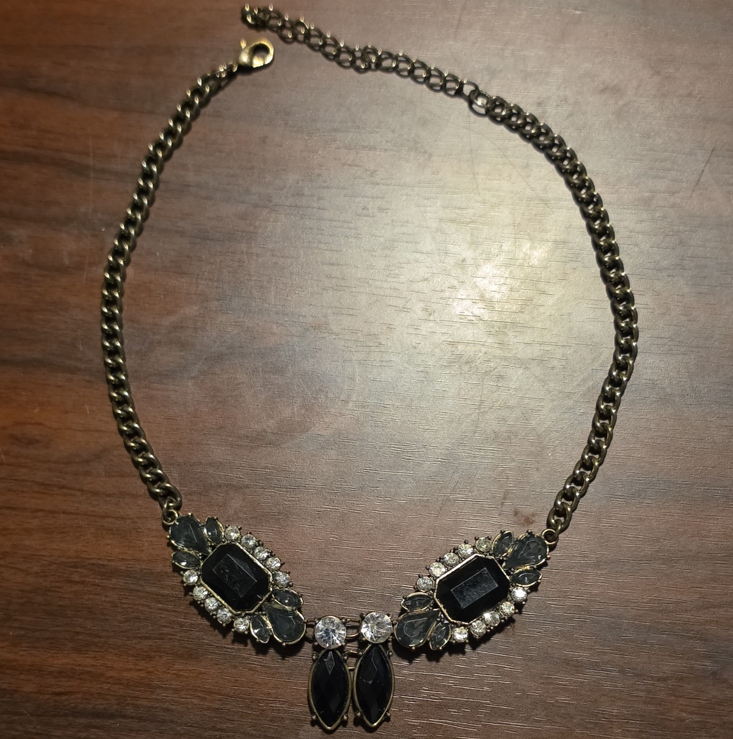Gold Tone Statement Cable Chain Necklace Black Clear Crystal Rhinestone Adj