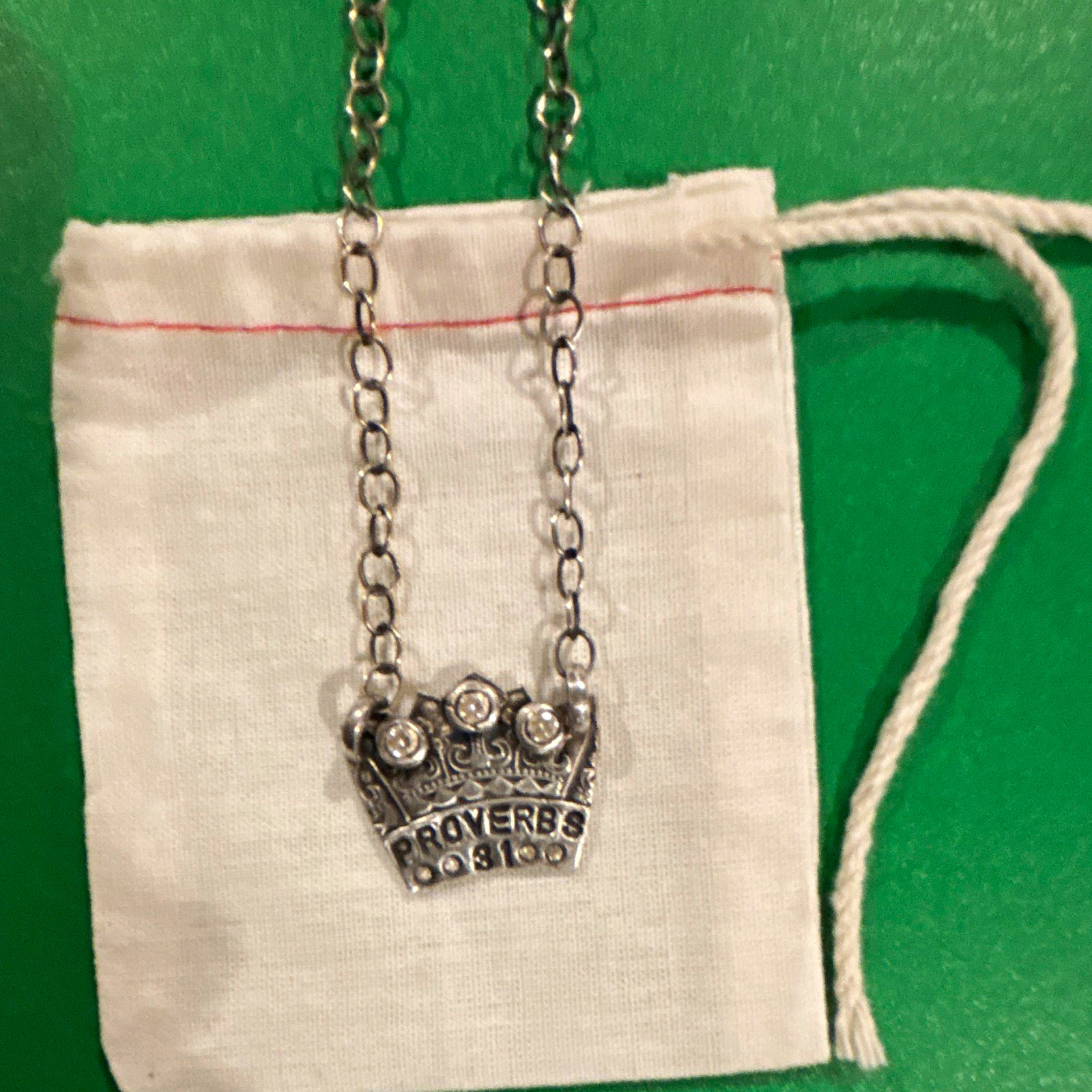 Silver Tone Oval Link Chain Necklace Crown Pendant Clear Rhinestone Adjustable