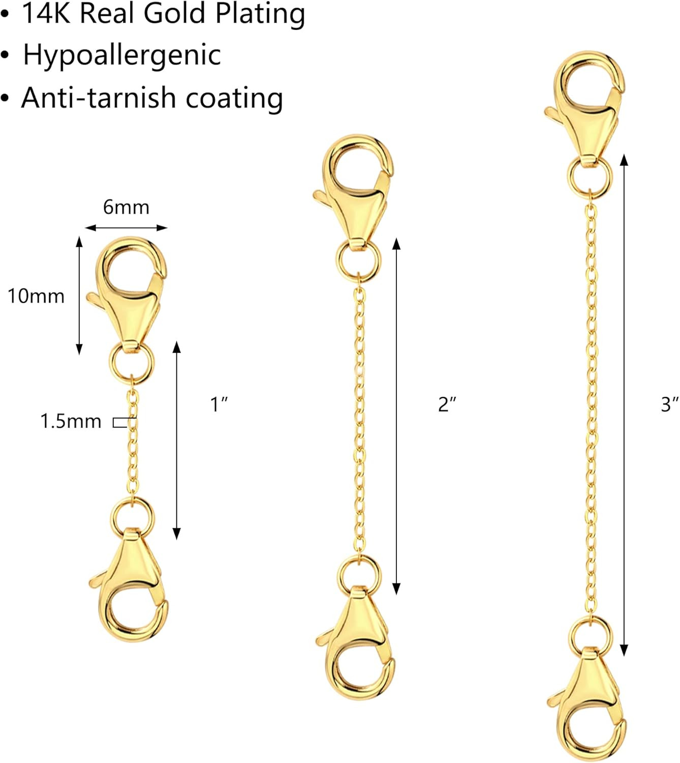 3Pcs 14K Gold Plated Necklace Extenders Solid Brass Chain Extension 1″ 2″ 3″