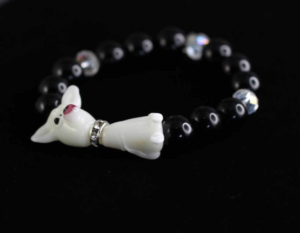 Dog Bracelet White Lampwork 6 inch Elastic Glass Beads Black Onyx and Crystal