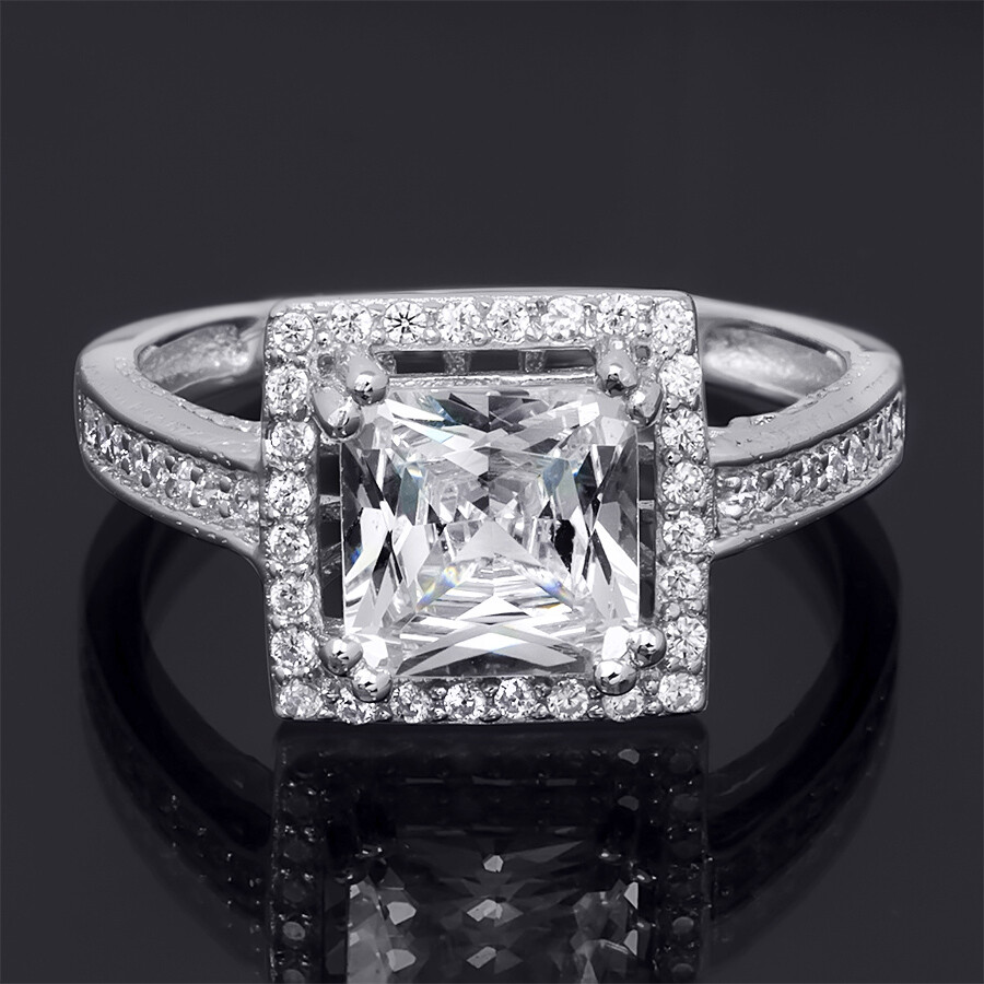 2.50 Carat CZ Princess Cut Halo Bridal Engagement Ring Solid Silver Size 5-9