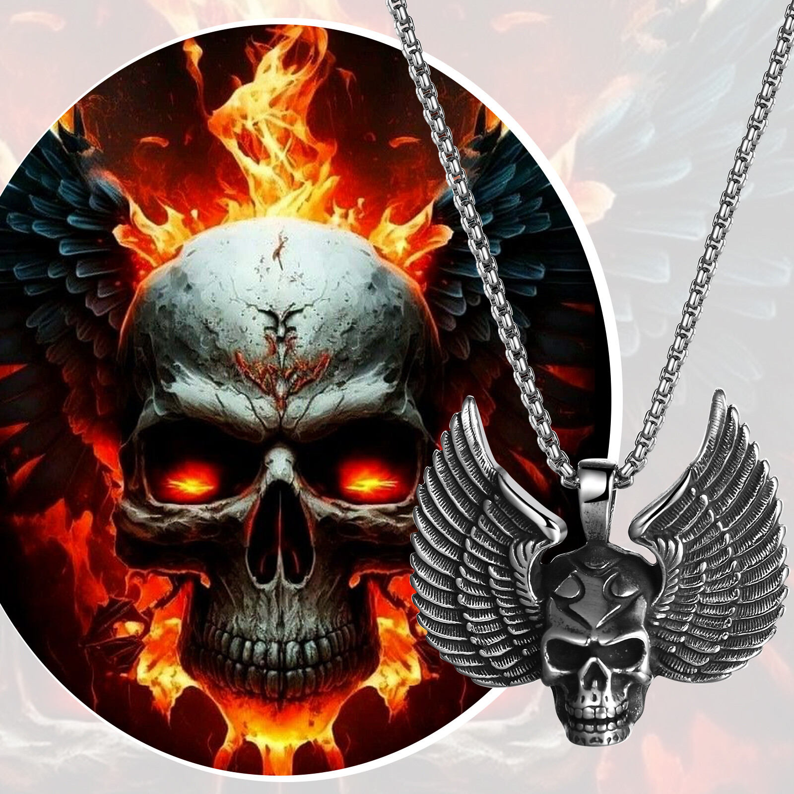Biker Mens Gothic Angel Skull Head Pendant Stainless Steel Necklace Punk Jewelry