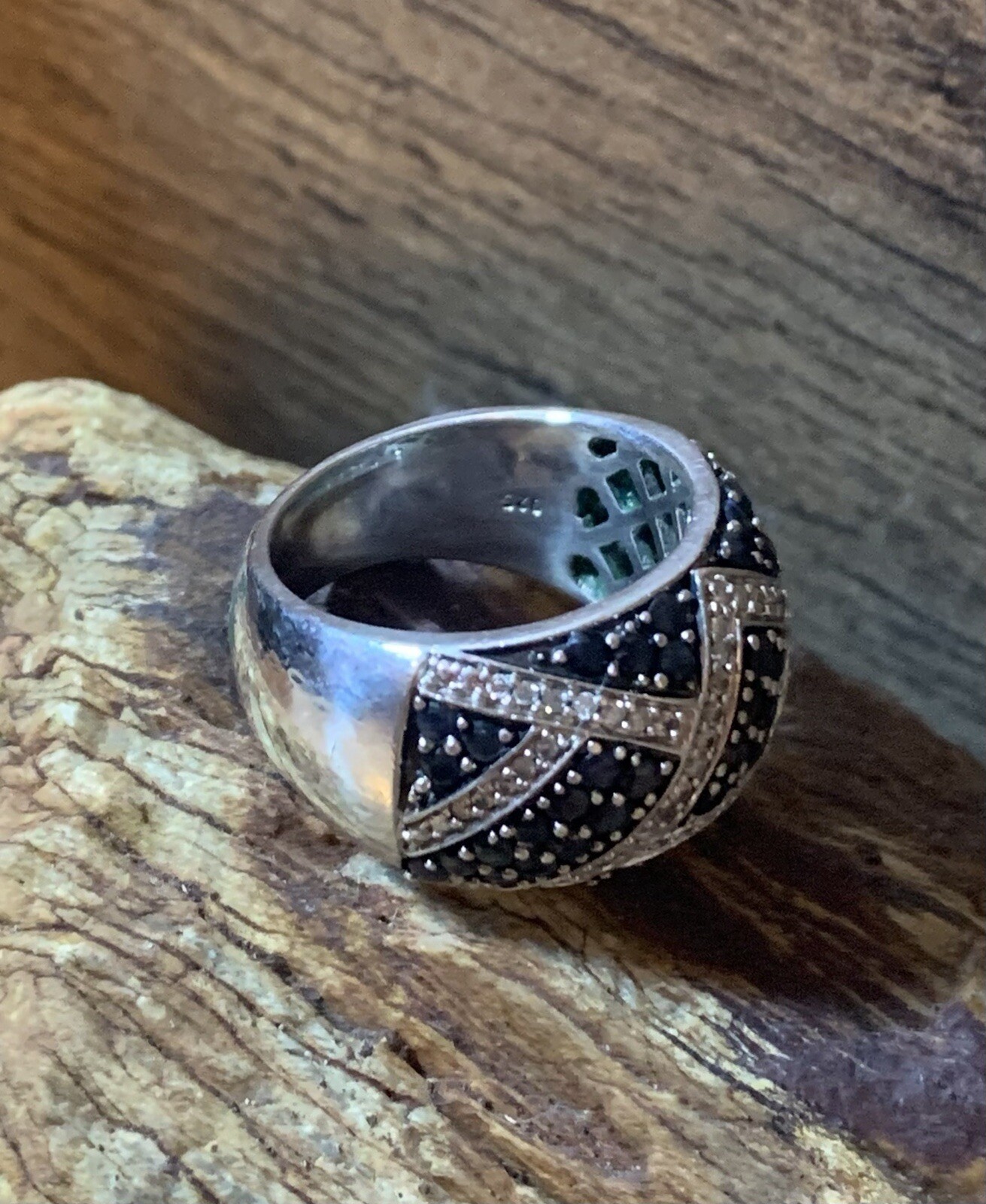 Sterling Silver Diamond & Sapphire Domed Wide Band Ring , Sz 7, 11.3 g.