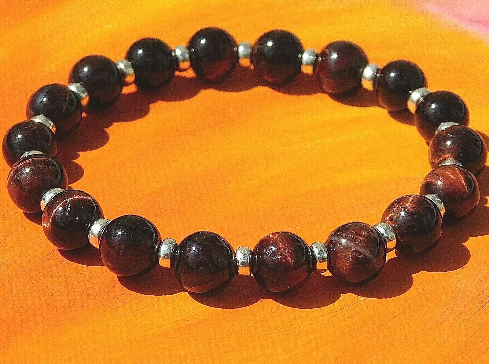 Mens / Ladies Handmade 8mm Gemstone & Silver Beaded Bracelet – Red Tiger’s Eye.