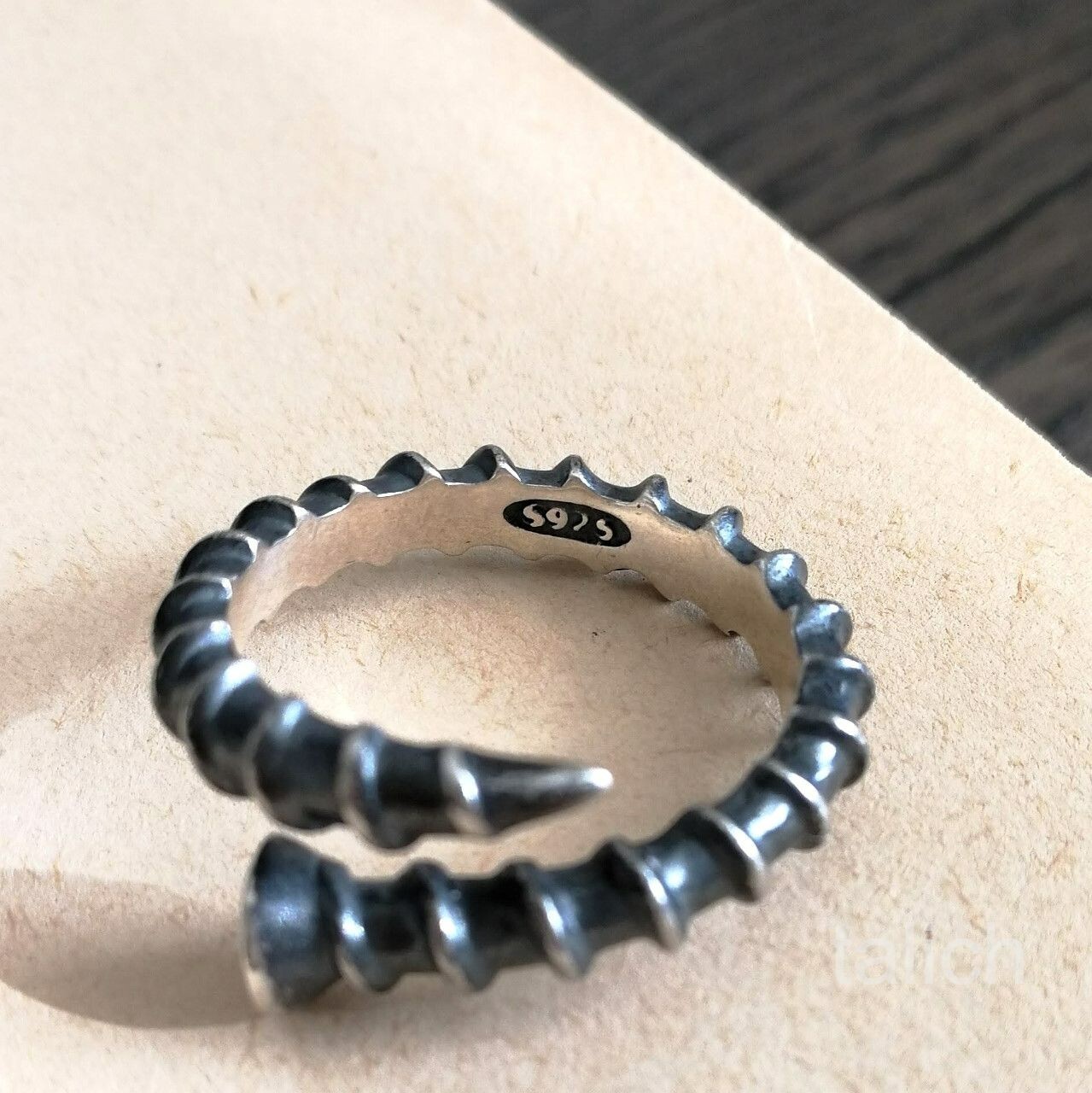 Dark 925 Sterling Silver Detailed Screw Nail Wrap Ring Adjustable Gothic Unique