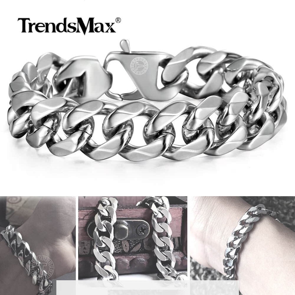 15mm 316L Stainless Steel Silver Cuban Curb Link Bracelet Mens Chain Xmas Gift
