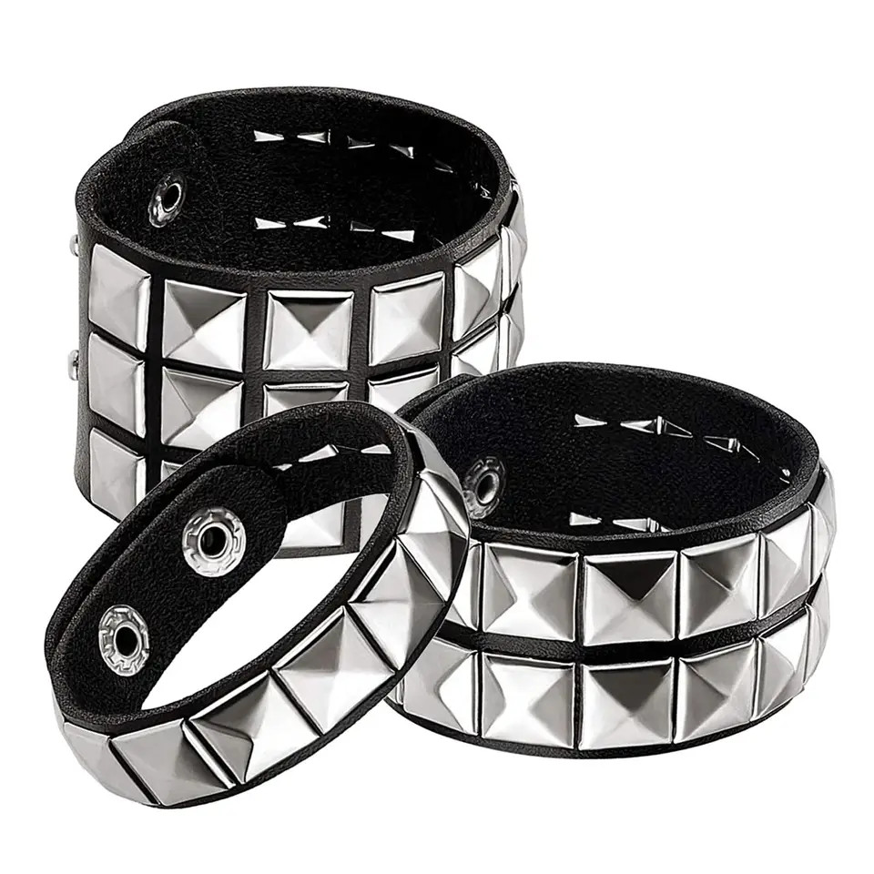 3 Pc Punk Bracelet Studded Wristband Rivet Cuff Bangle Black Rock Buckle Women
