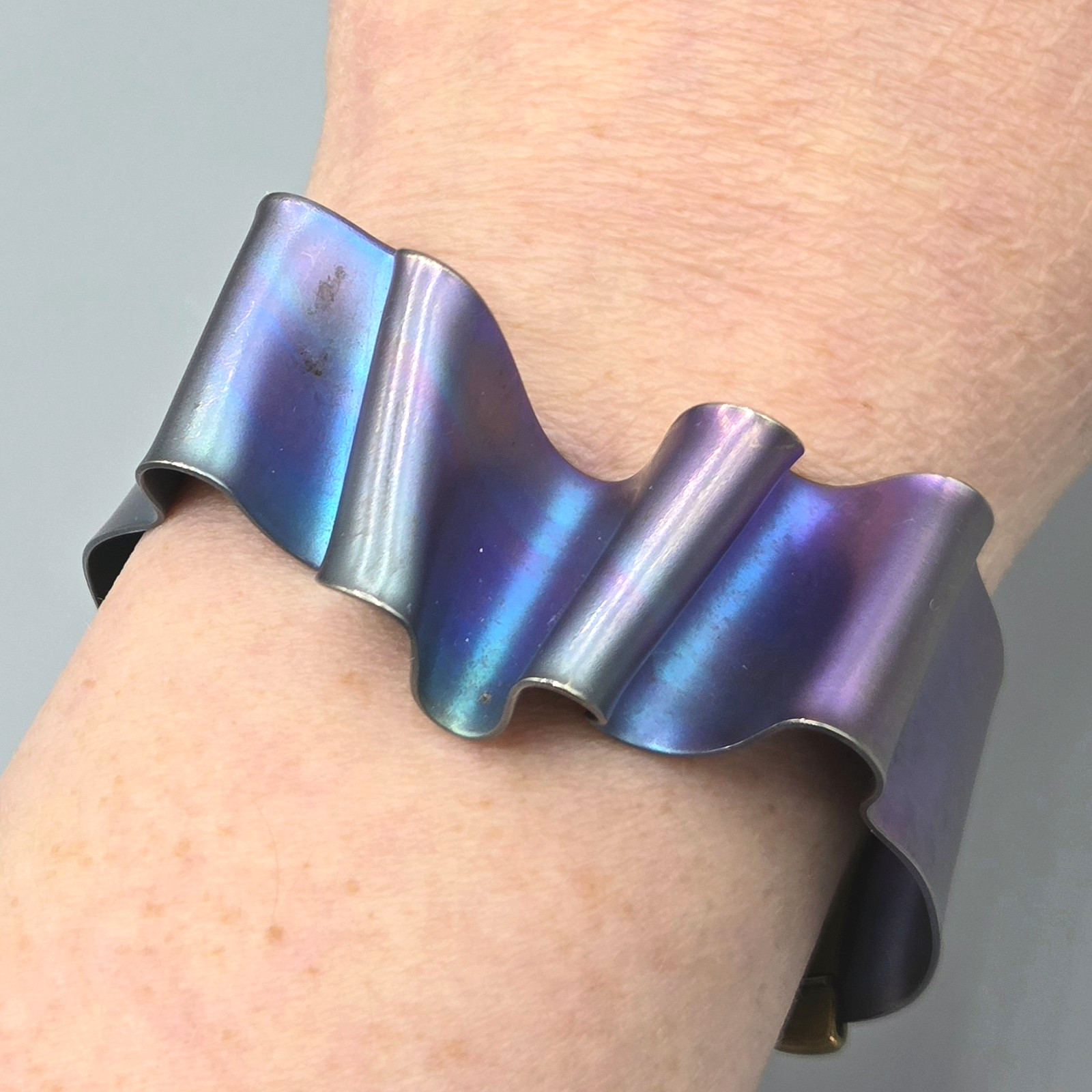 Vintage Niobium or Anodized Titanium Blue Brass Ribbon Ruffle Cuff Bracelet