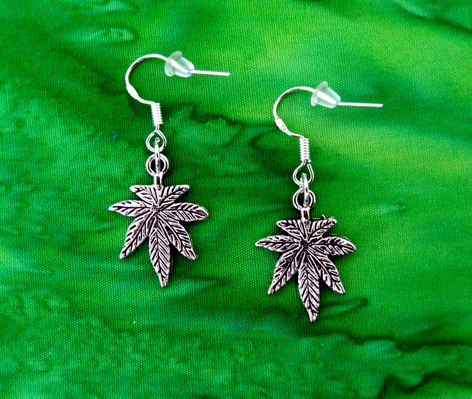 MARIJUANA POT LEAF CANNABIS WEED DANGLE CHARM SILVER EARRINGS~.925 STERLING HOOK