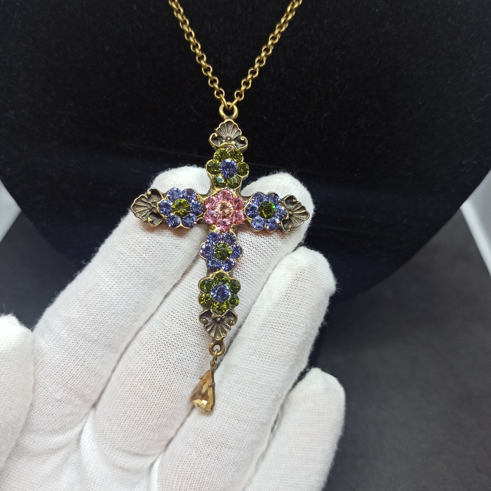 Michal Negrin Cross Necklace Purple Flower Pendant & Swarovski Crystals Gift New