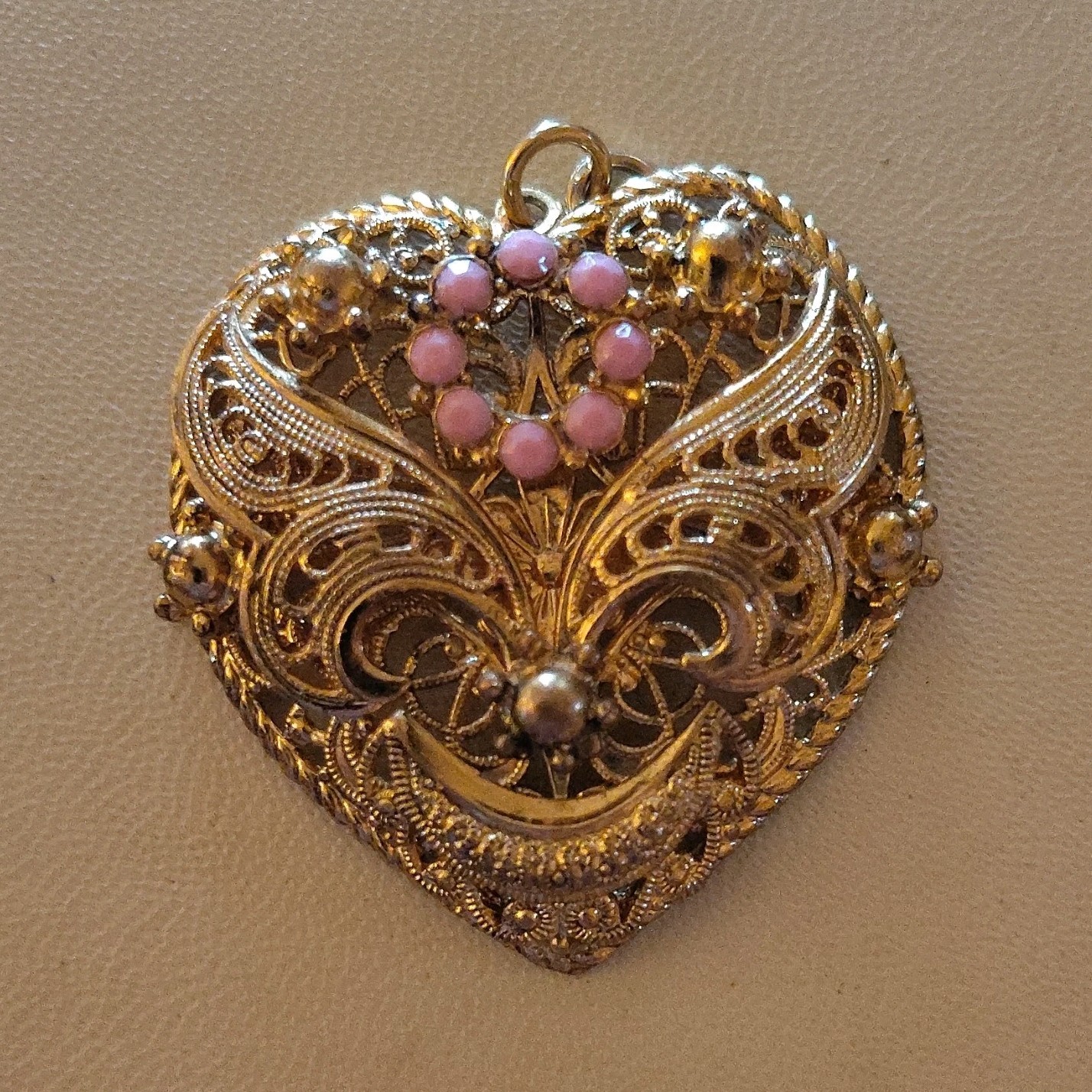 Gold Tone Metal Heart Locket Pendant Pink Round Stones Bezel Set