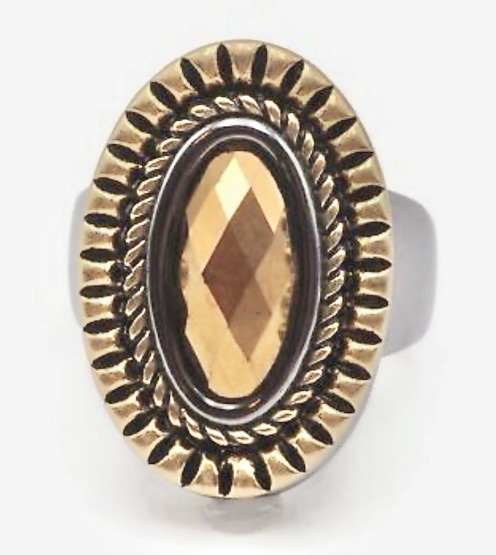 Lia Sophia Sable Oval Brown Facet Center Stone Gold & Silver Tone Ring Size 6