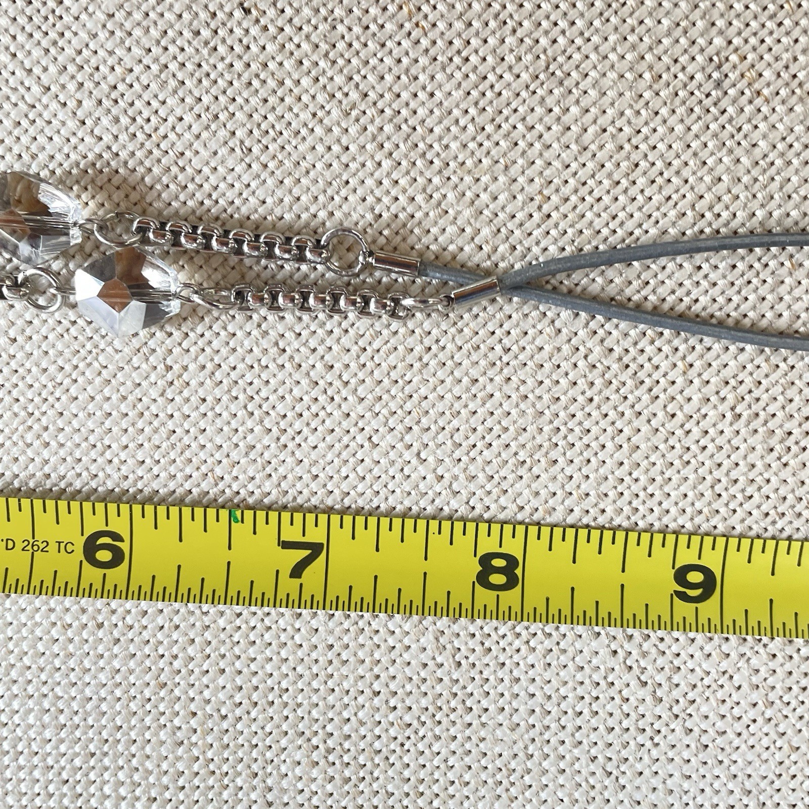 Chico’s Silver Tone Textured Chain Gray Cord Blue Jewel Charm Necklace Chic 34”