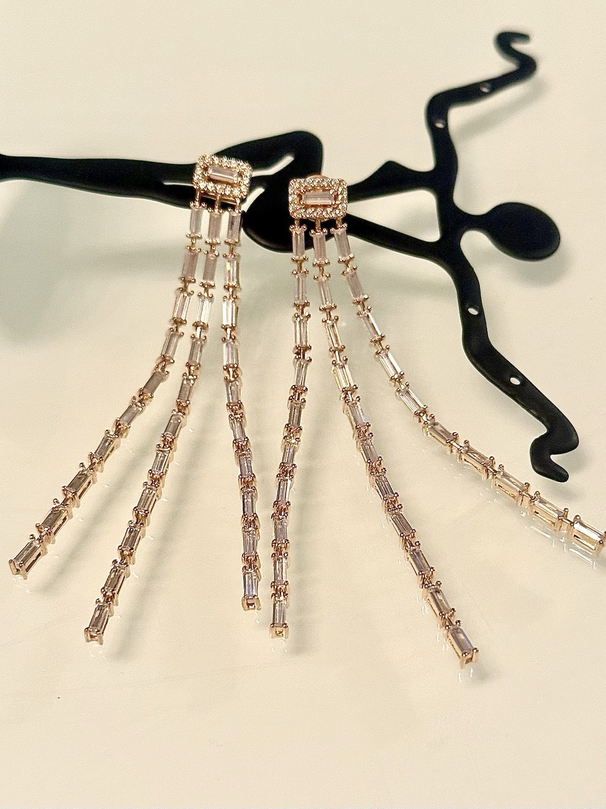 JCM 925SS/GOLD VERMEIL~ BAGUETTE CUBIC ZIRCONIA 2.75” DROP DANGLE EARRINGS NIB*