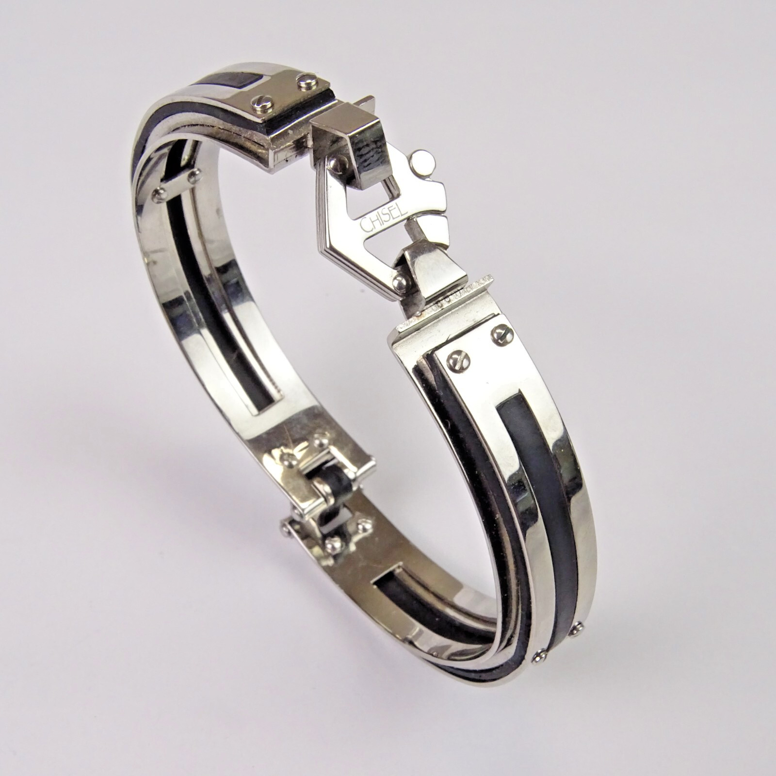 Chisel Bracelet Stainless Steel 7 1/2in Black Rubber Hinged Bangle