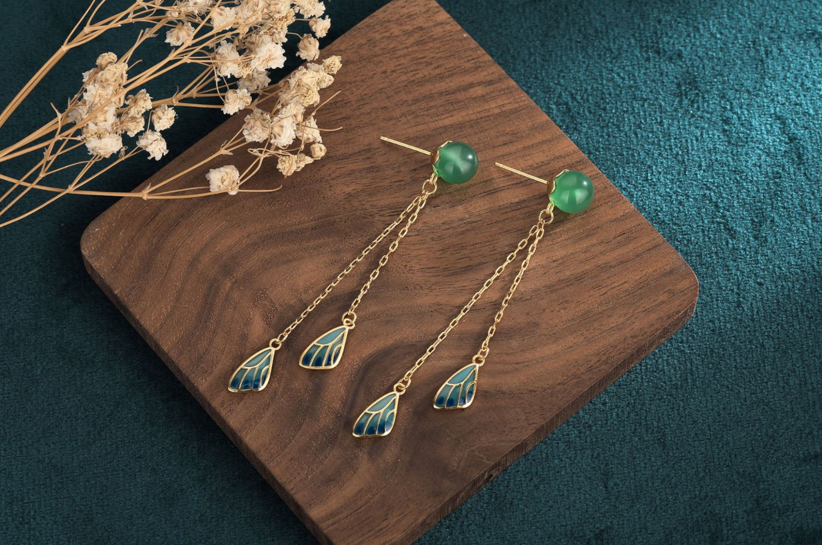 Jade Boho Drop Dangle Earrings Tassels Ear Stud 18K Gold Plated Wings Feather